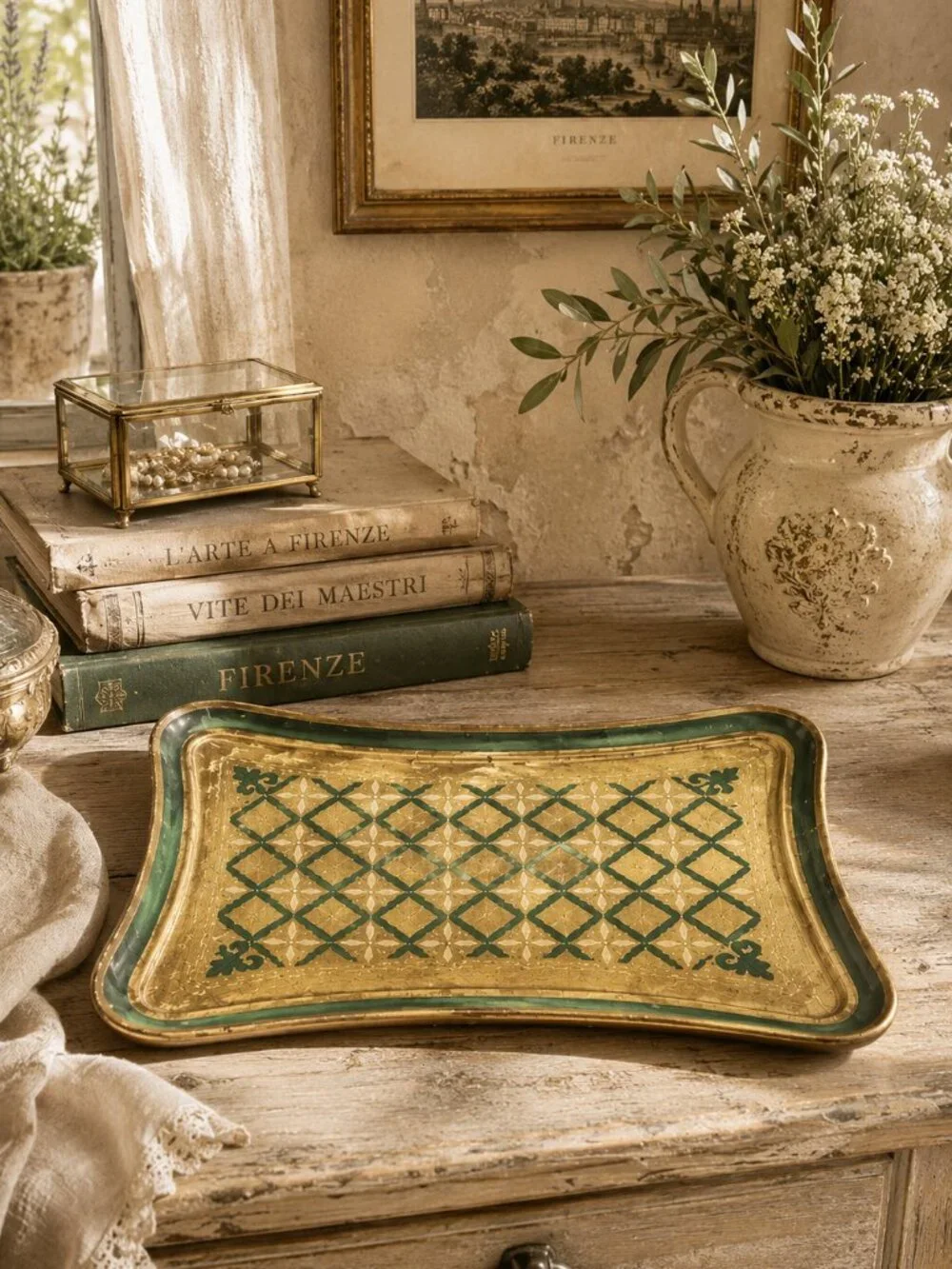 Vintage Large Italian Florentine Ornate Hand-Painted Carved Wooden Serving Tray